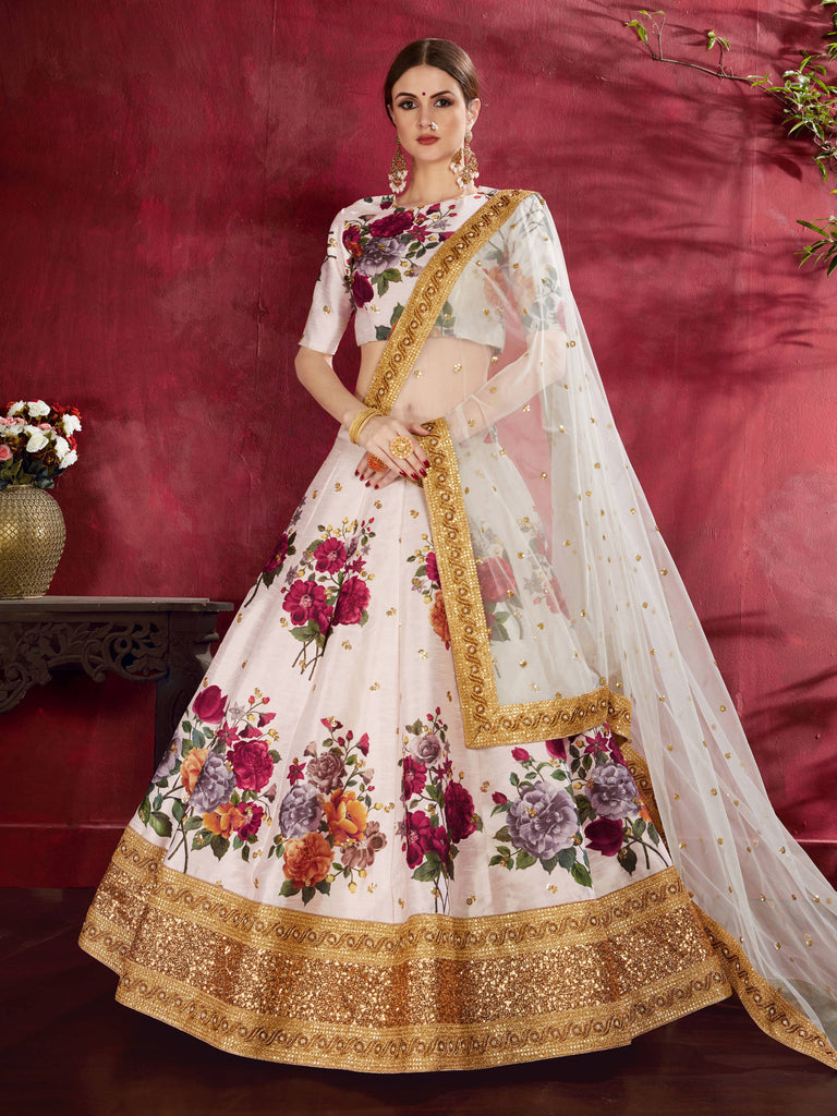 Amazing Off-White Floral Printed Banglory Silk Wedding Lehenga Choli ClothsVilla
