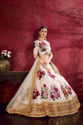 Amazing Off-White Floral Printed Banglory Silk Wedding Lehenga Choli ClothsVilla