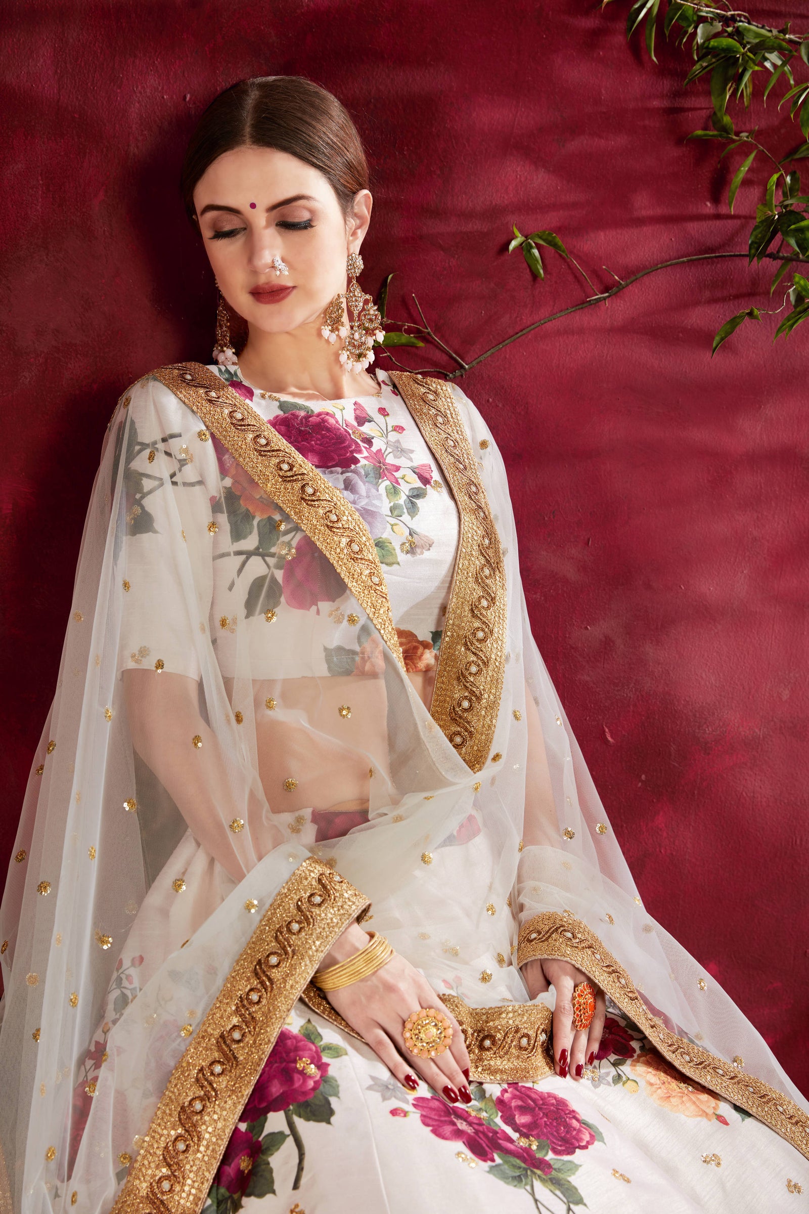 Amazing Off-White Floral Printed Banglory Silk Wedding Lehenga Choli ClothsVilla