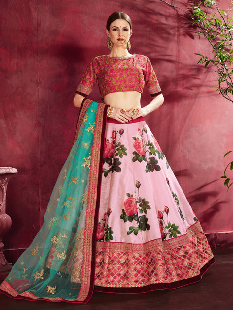 Phenomenal Rose Pink Floral Printed Banglory Silk Wedding Lehenga Choli ClothsVilla Main image
