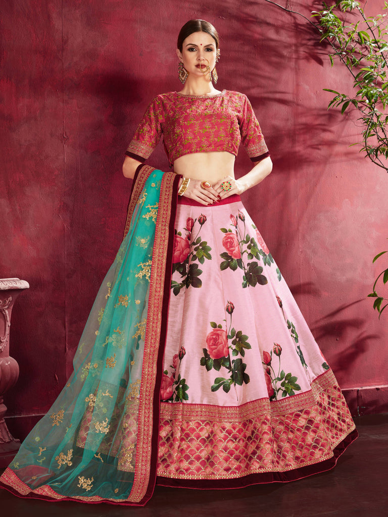 Phenomenal Rose Pink Floral Printed Banglory Silk Wedding Lehenga Choli ClothsVilla