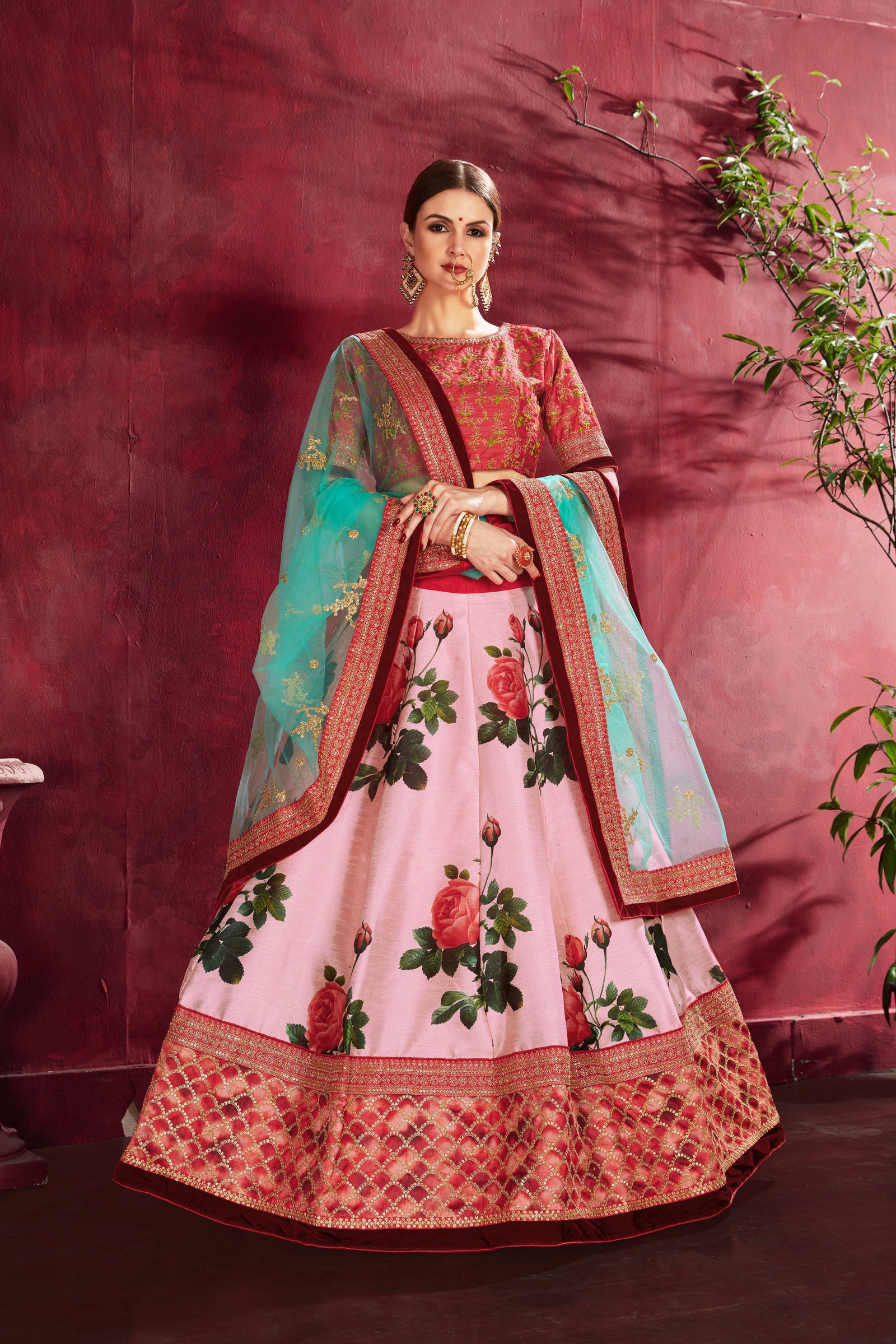 Phenomenal Rose Pink Floral Printed Banglory Silk Wedding Lehenga Choli ClothsVilla