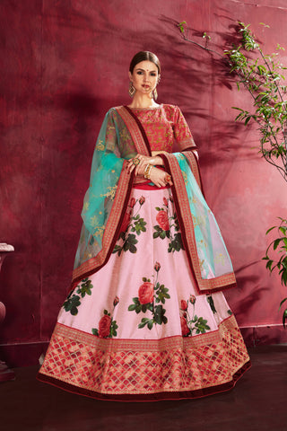 Phenomenal Rose Pink Floral Printed Banglory Silk Wedding Lehenga Choli ClothsVilla