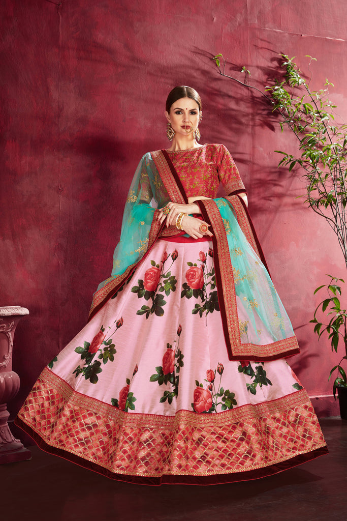 Phenomenal Rose Pink Floral Printed Banglory Silk Wedding Lehenga Choli ClothsVilla