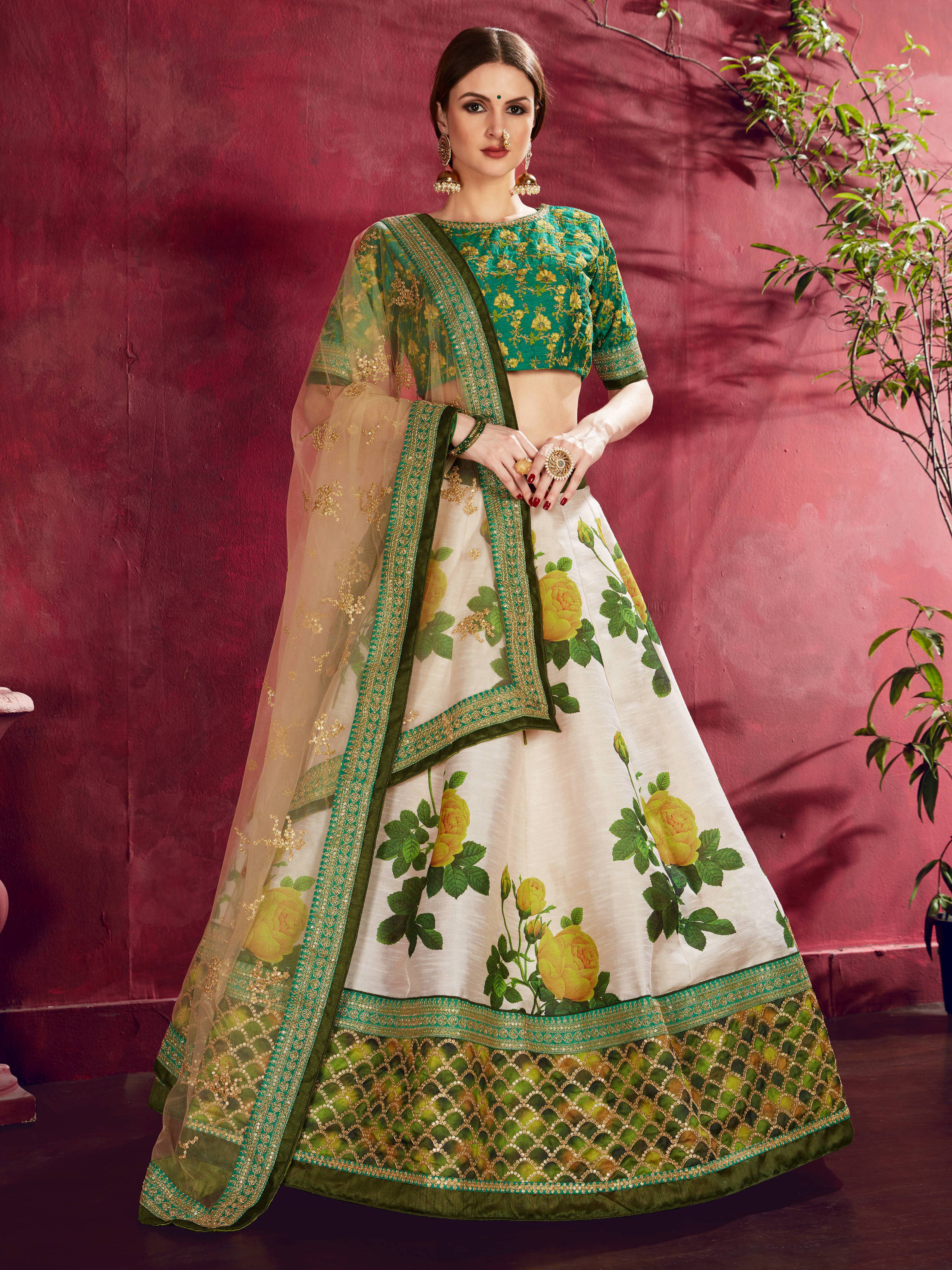 Eye-Catching Green Floral Printed Banglory Silk Wedding Lehenga Choli ClothsVilla Main image