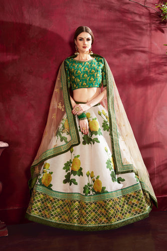 Eye-Catching Green Floral Printed Banglory Silk Wedding Lehenga Choli ClothsVilla