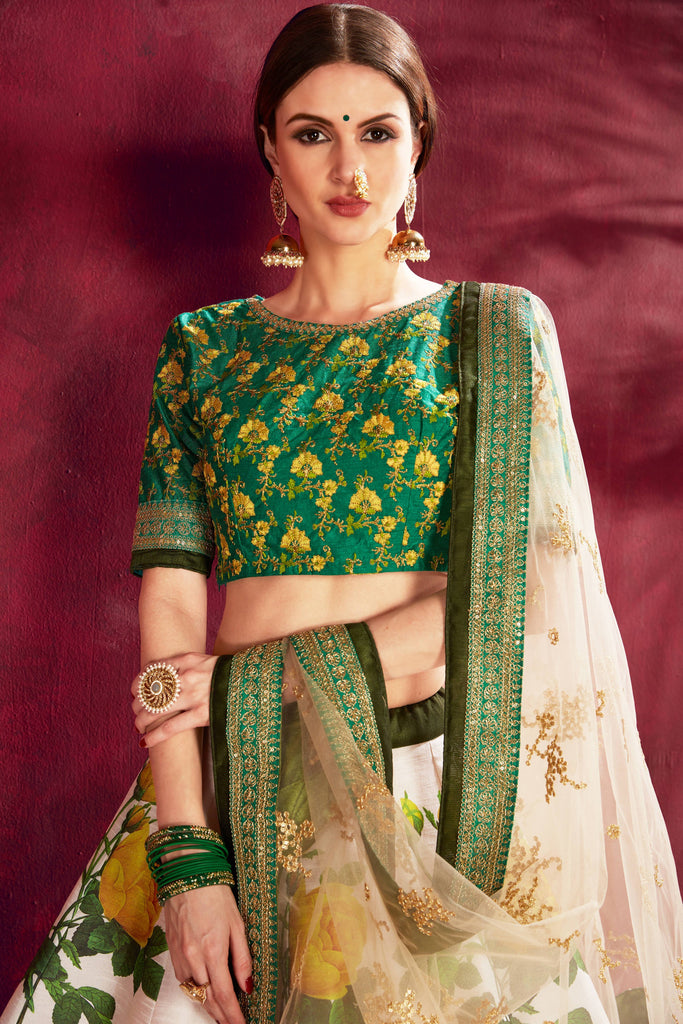 Eye-Catching Green Floral Printed Banglory Silk Wedding Lehenga Choli ClothsVilla