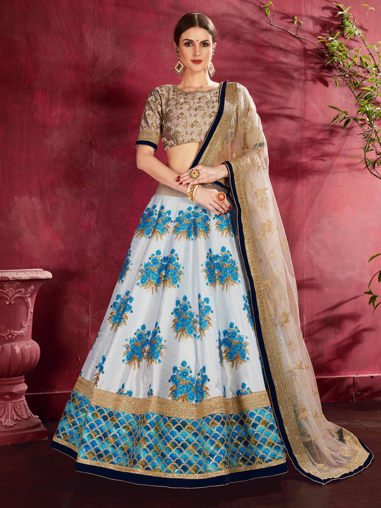 Charming Blue Floral Printed Banglory Silk Wedding Lehenga Choli ClothsVilla