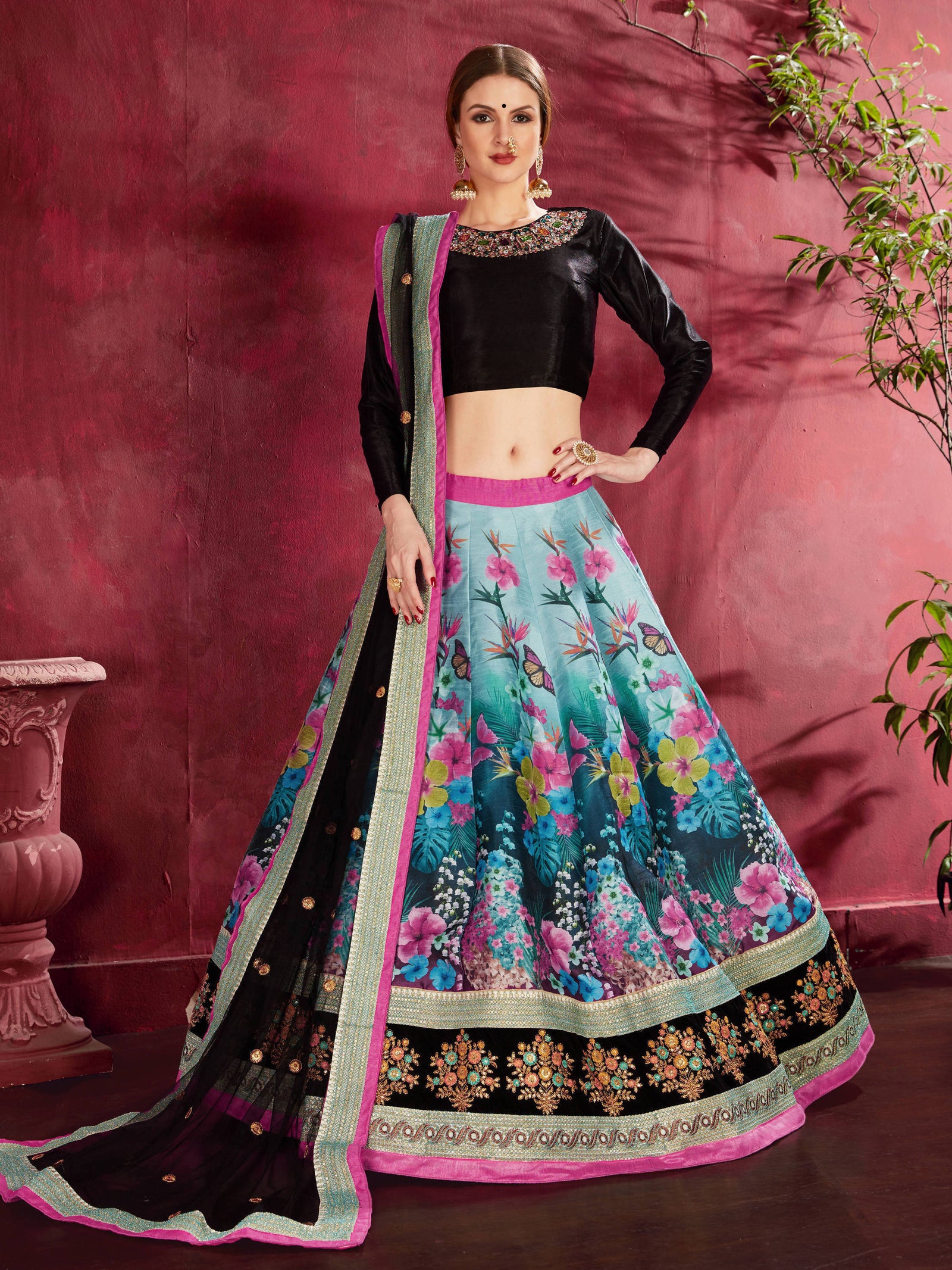 Stunning Multi Color Floral Printed Banglory Silk Wedding Lehenga Choli With Dupatta ClothsVilla