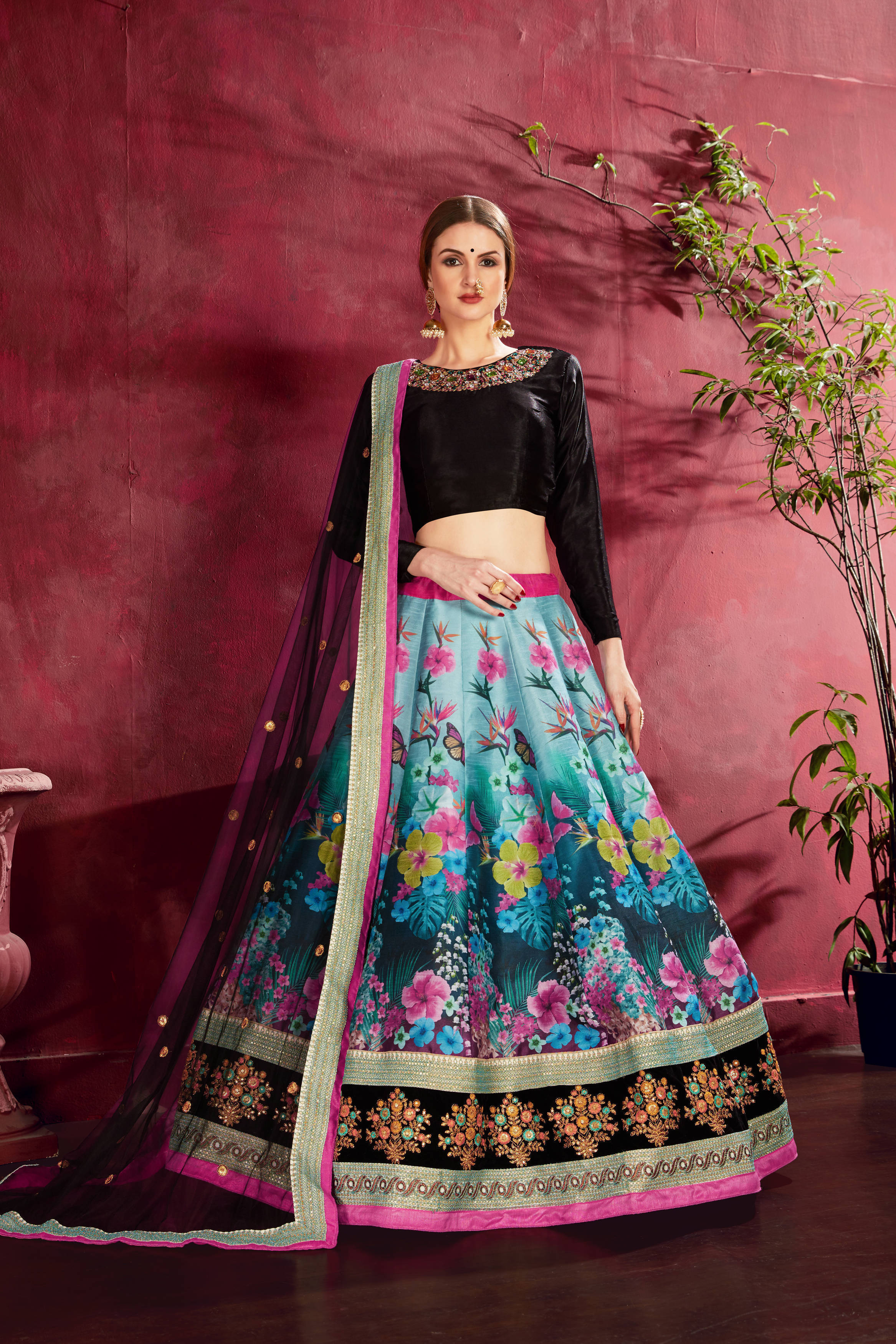 Stunning Multi Color Floral Printed Banglory Silk Wedding Lehenga Choli With Dupatta Secondary image