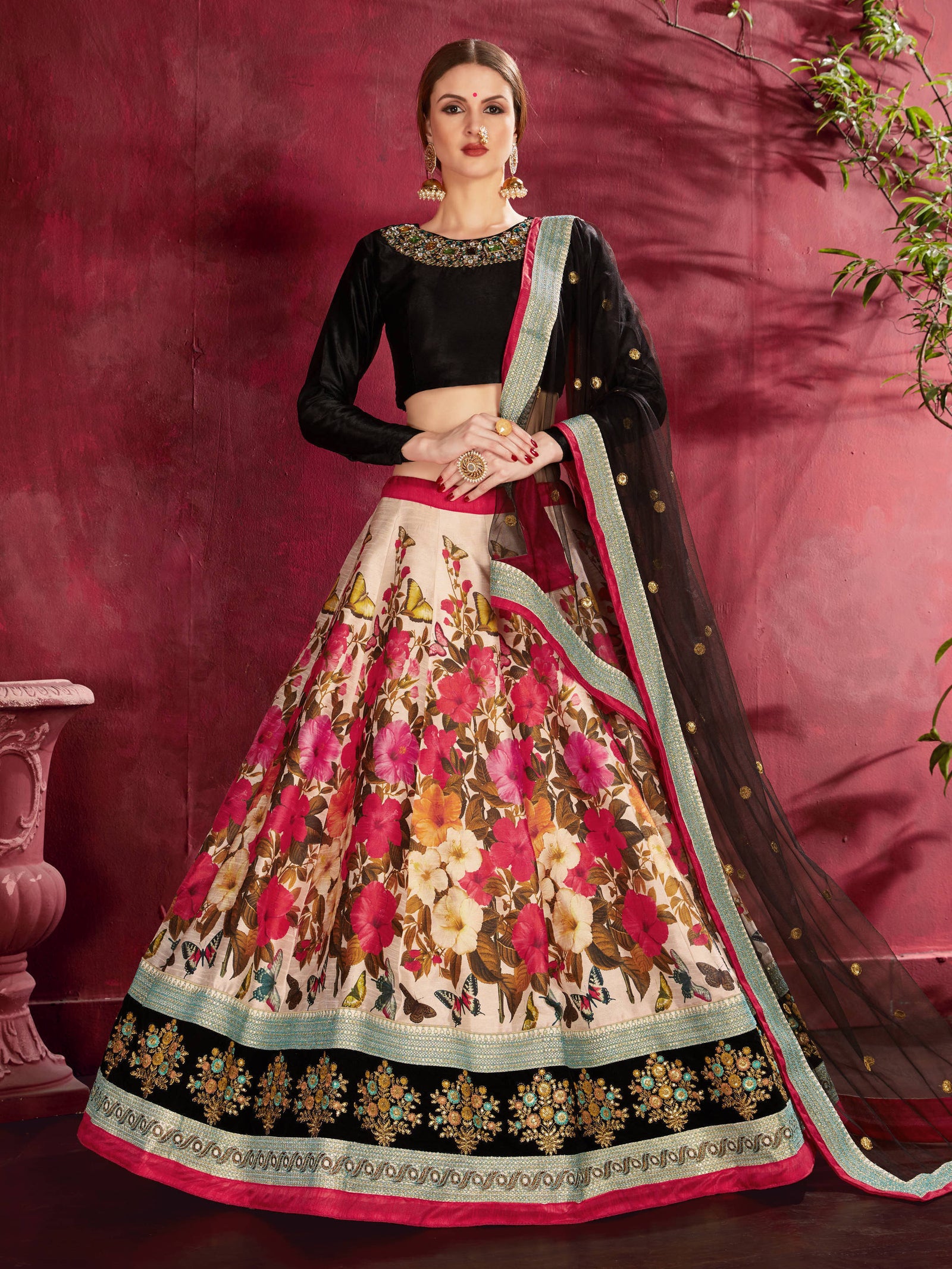 Sizzling Multi Color-Black Floral Printed Banglory Silk Wedding Lehenga Choli With Dupatta ClothsVilla