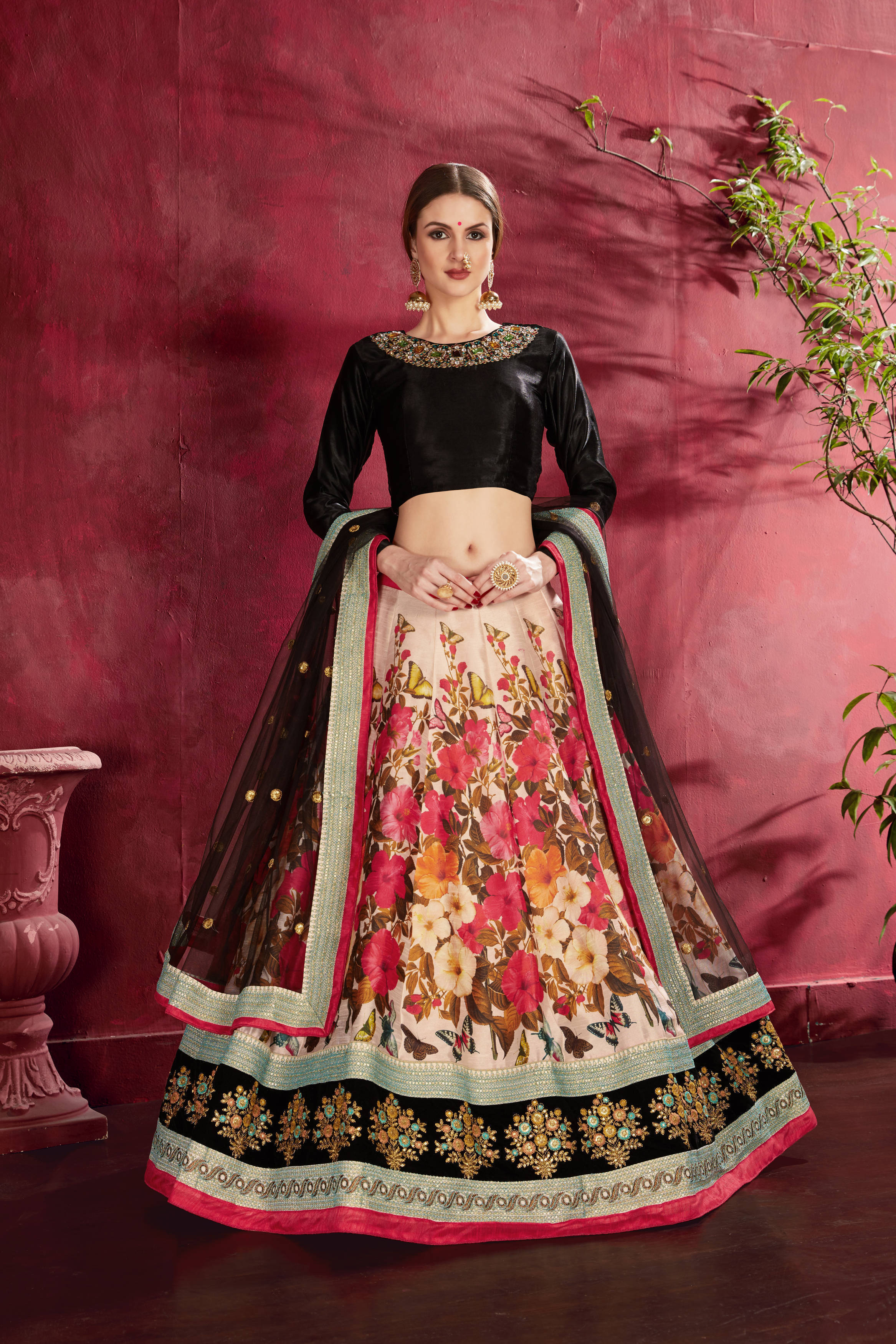 Sizzling Multi Color-Black Floral Printed Banglory Silk Wedding Lehenga Choli With Dupatta Secondary image