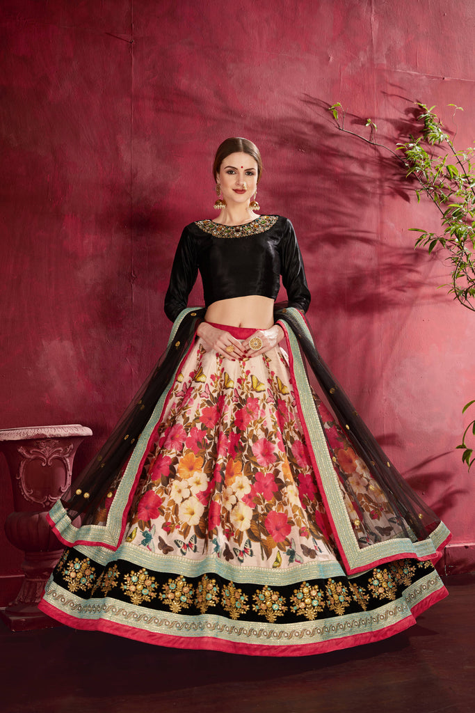 Sizzling Multi Color-Black Floral Printed Banglory Silk Wedding Lehenga Choli With Dupatta ClothsVilla