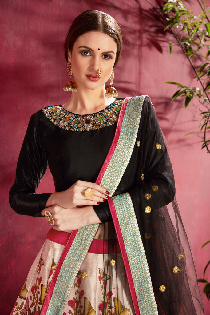 Sizzling Multi Color-Black Floral Printed Banglory Silk Wedding Lehenga Choli With Dupatta ClothsVilla