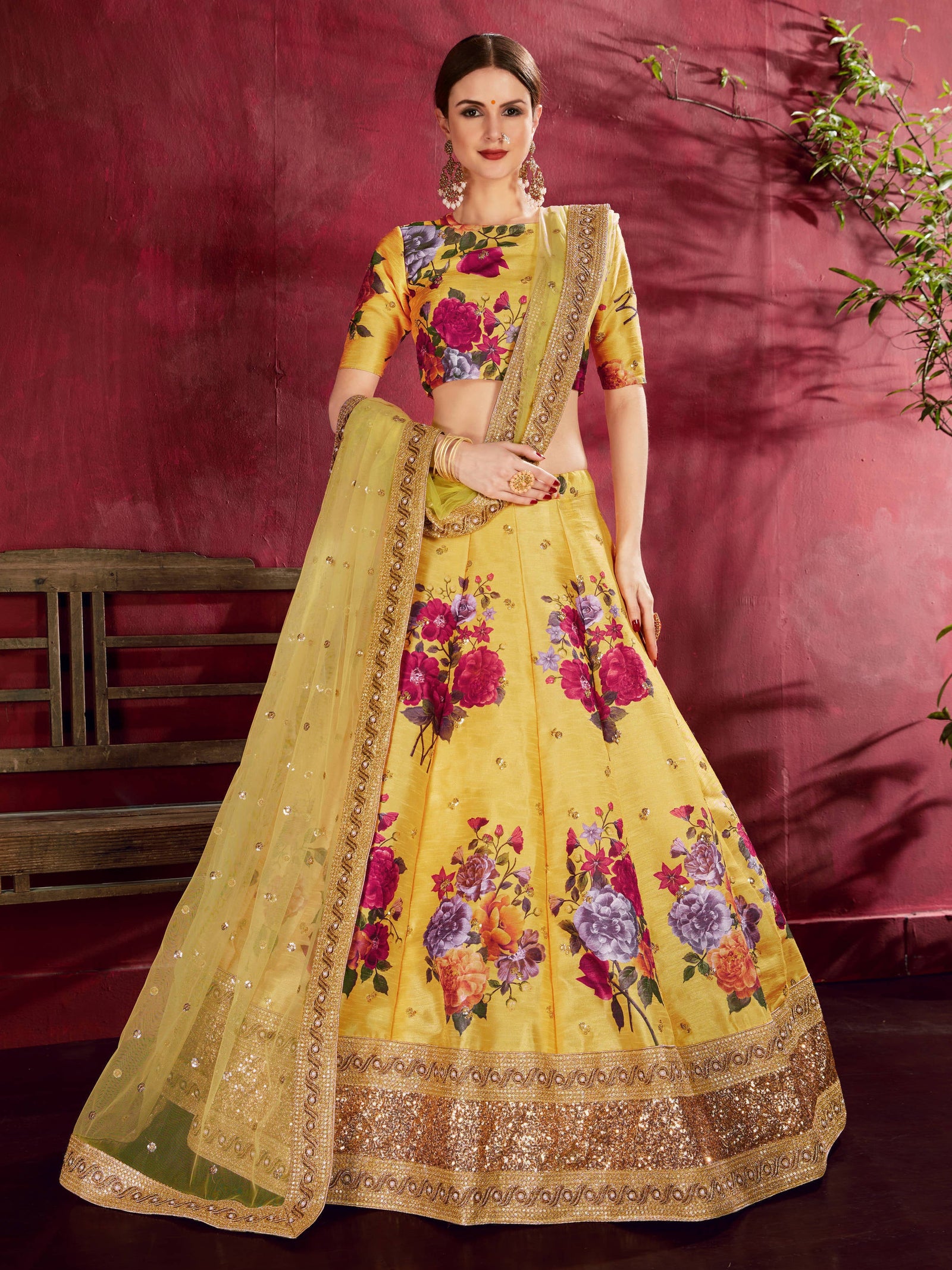 Gorgeous Yellow Floral Printed Banglory Silk Wedding Lehenga Choli With Dupatta ClothsVilla