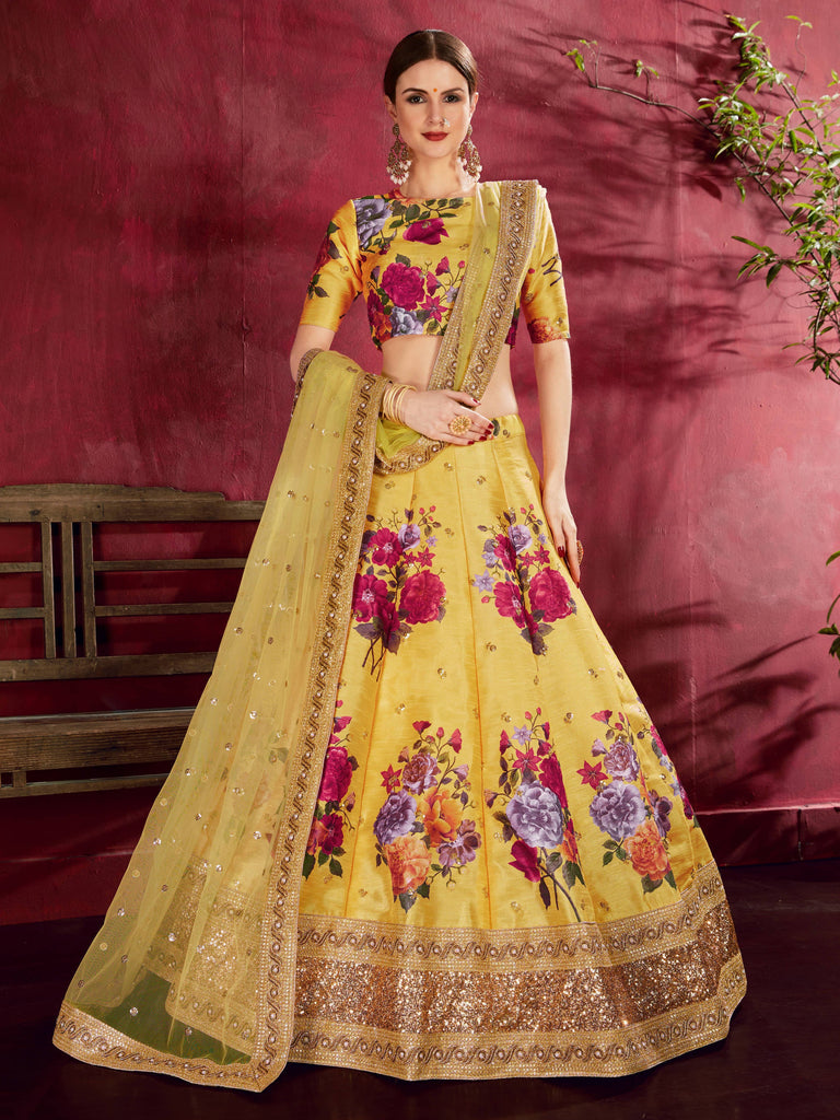 Gorgeous Yellow Floral Printed Banglory Silk Wedding Lehenga Choli With Dupatta ClothsVilla