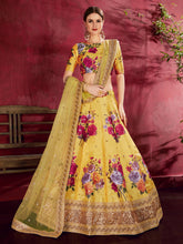 Load image into Gallery viewer, Gorgeous Yellow Floral Printed Banglory Silk Wedding Lehenga Choli With Dupatta ClothsVilla