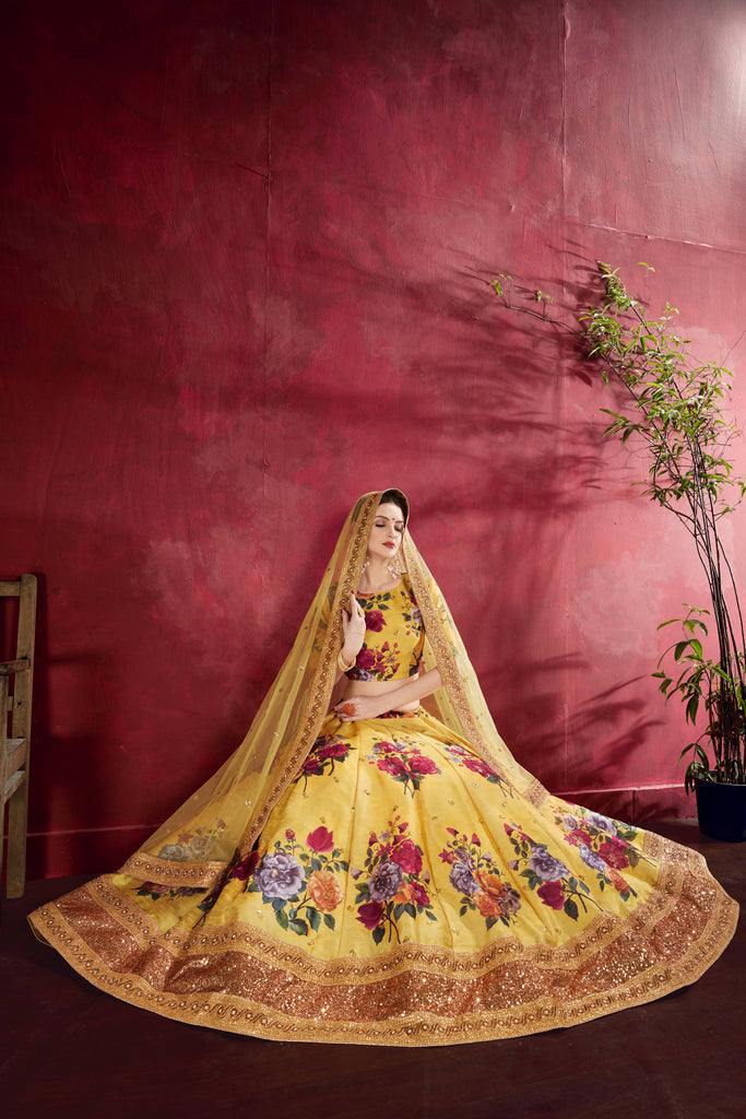 Gorgeous Yellow Floral Printed Banglory Silk Wedding Lehenga Choli With Dupatta ClothsVilla