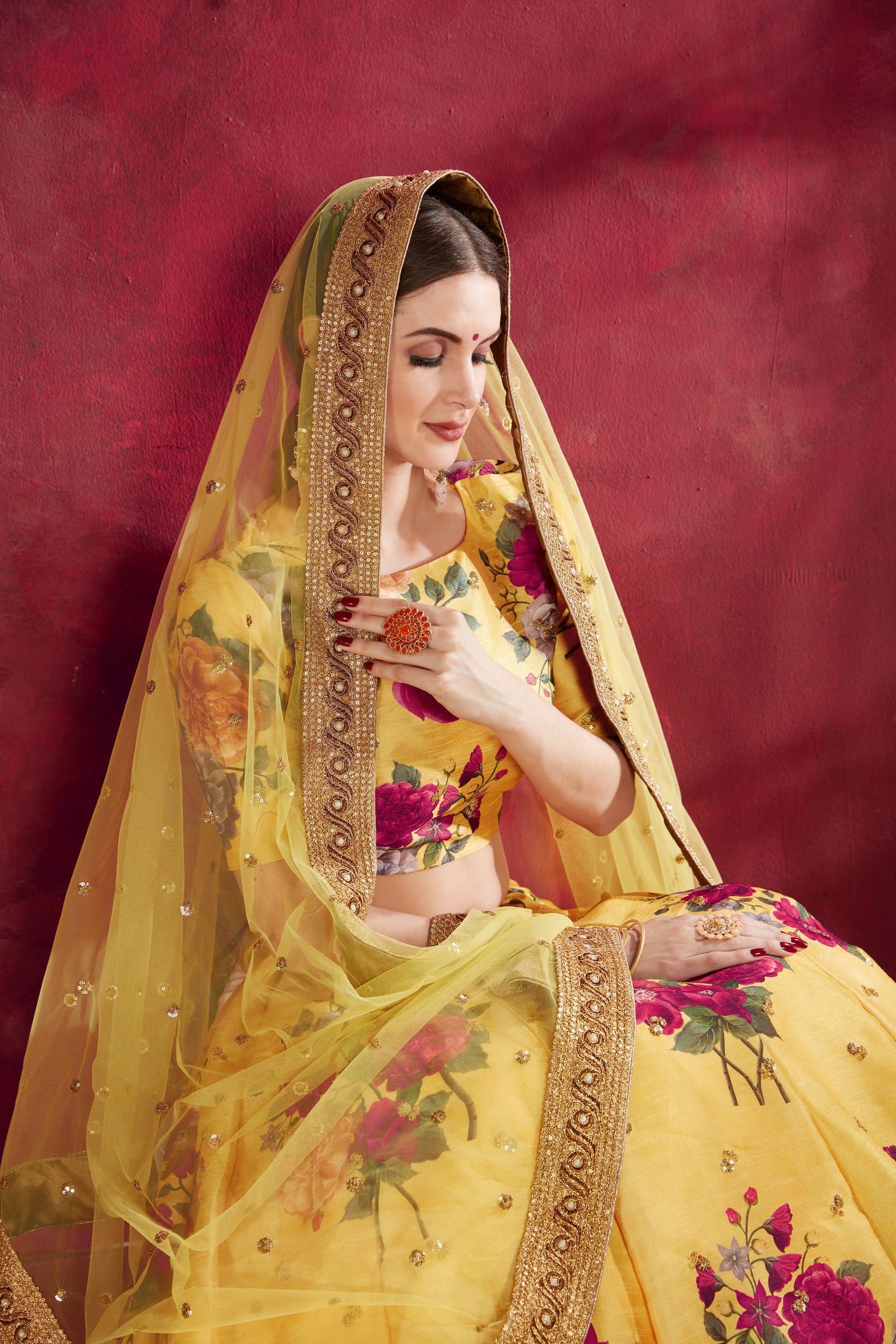 Gorgeous Yellow Floral Printed Banglory Silk Wedding Lehenga Choli With Dupatta ClothsVilla