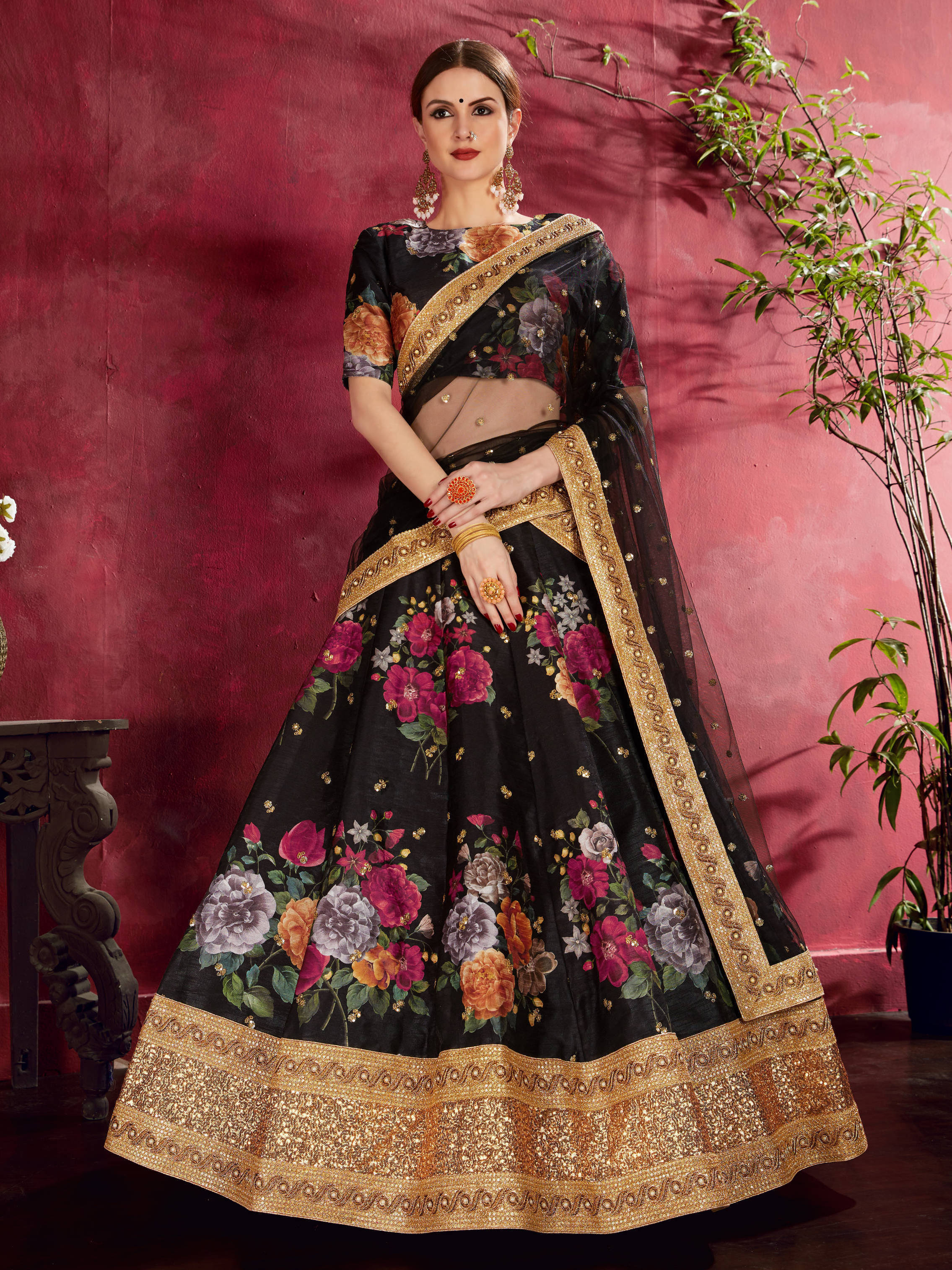 Arresting Black Floral Printed Banglory Silk Wedding Lehenga Choli With Dupatta ClothsVilla Main image