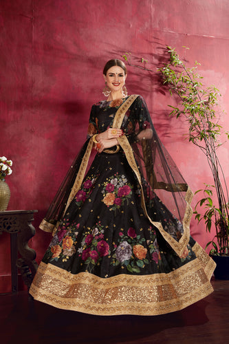 Arresting Black Floral Printed Banglory Silk Wedding Lehenga Choli With Dupatta ClothsVilla