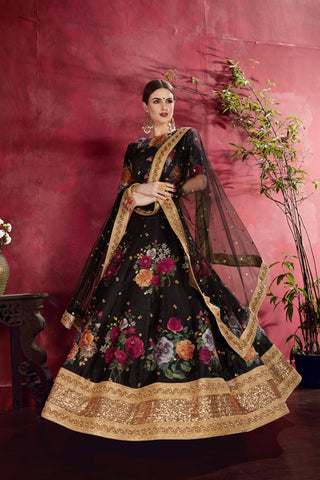 Arresting Black Floral Printed Banglory Silk Wedding Lehenga Choli With Dupatta ClothsVilla