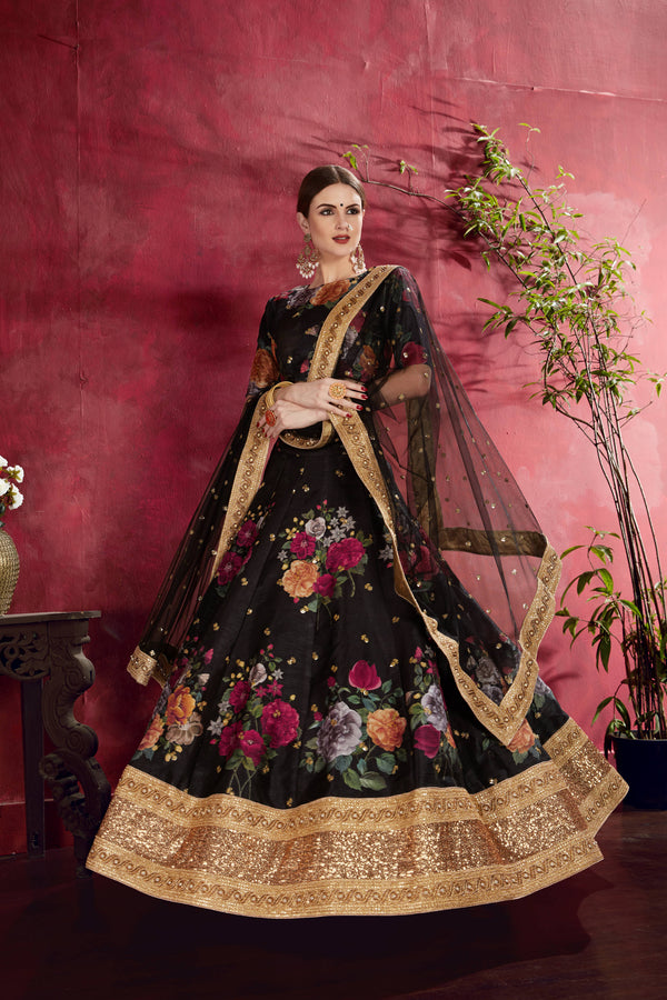 Arresting Black Floral Printed Banglory Silk Wedding Lehenga Choli With Dupatta ClothsVilla