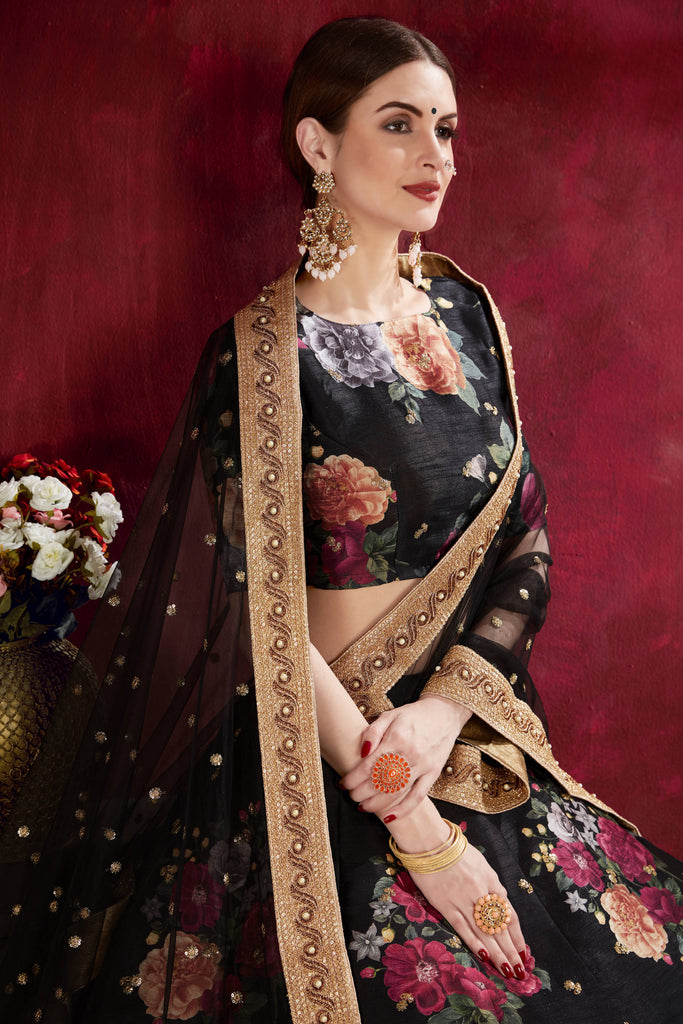 Arresting Black Floral Printed Banglory Silk Wedding Lehenga Choli With Dupatta ClothsVilla