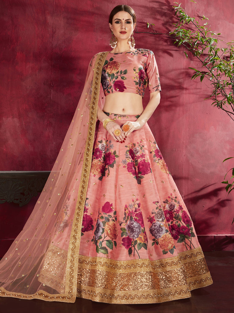Adorning Peach Floral Printed Banglory Silk Wedding Lehenga Choli With Dupatta ClothsVilla
