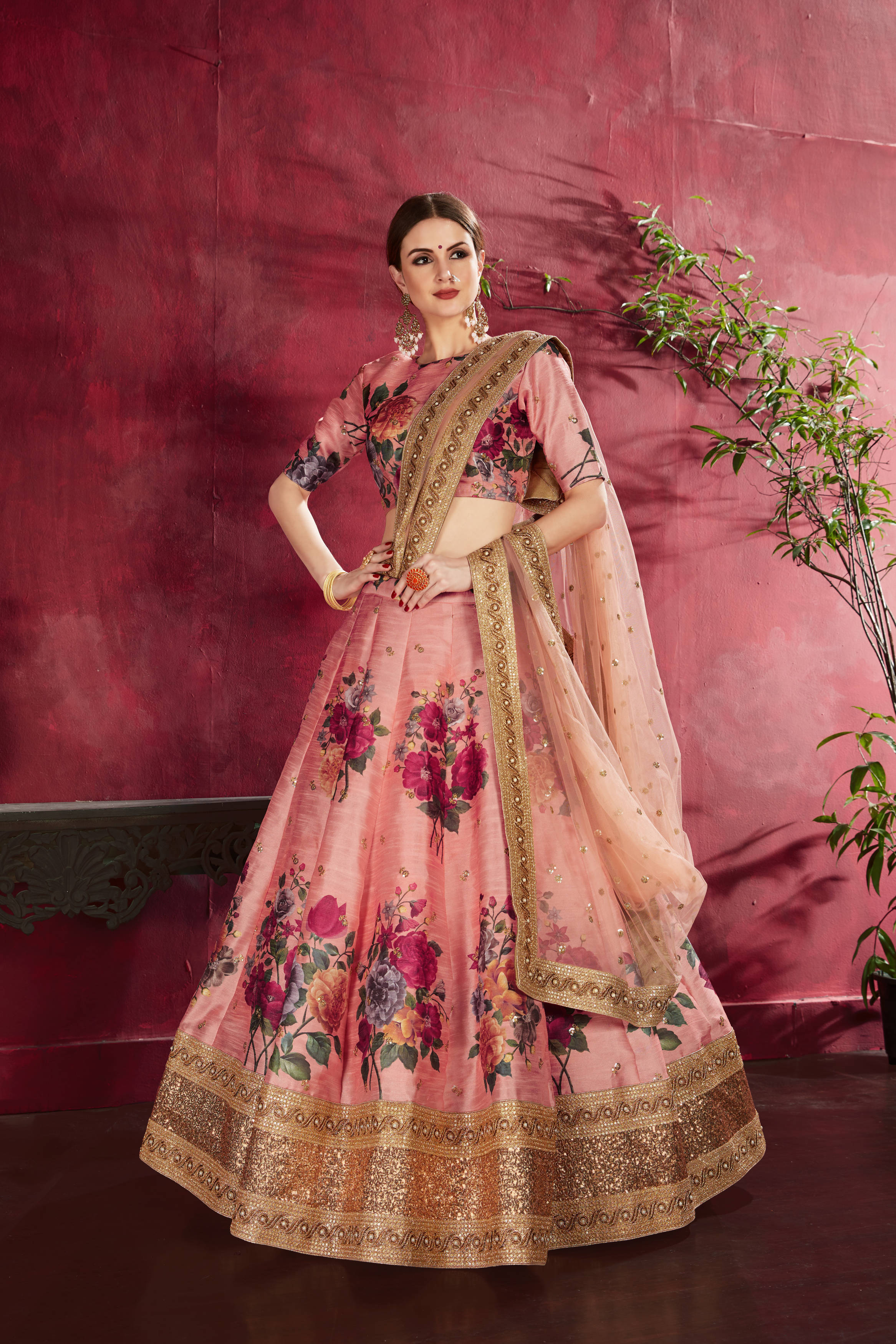 Adorning Peach Floral Printed Banglory Silk Wedding Lehenga Choli With Dupatta Secondary image