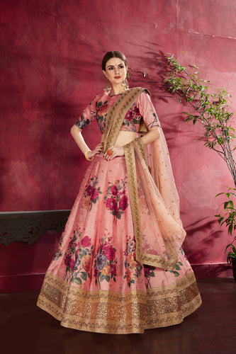 Adorning Peach Floral Printed Banglory Silk Wedding Lehenga Choli With Dupatta ClothsVilla