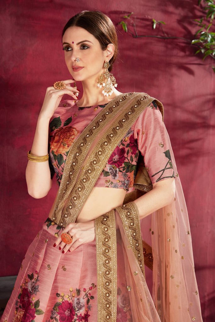 Adorning Peach Floral Printed Banglory Silk Wedding Lehenga Choli With Dupatta ClothsVilla