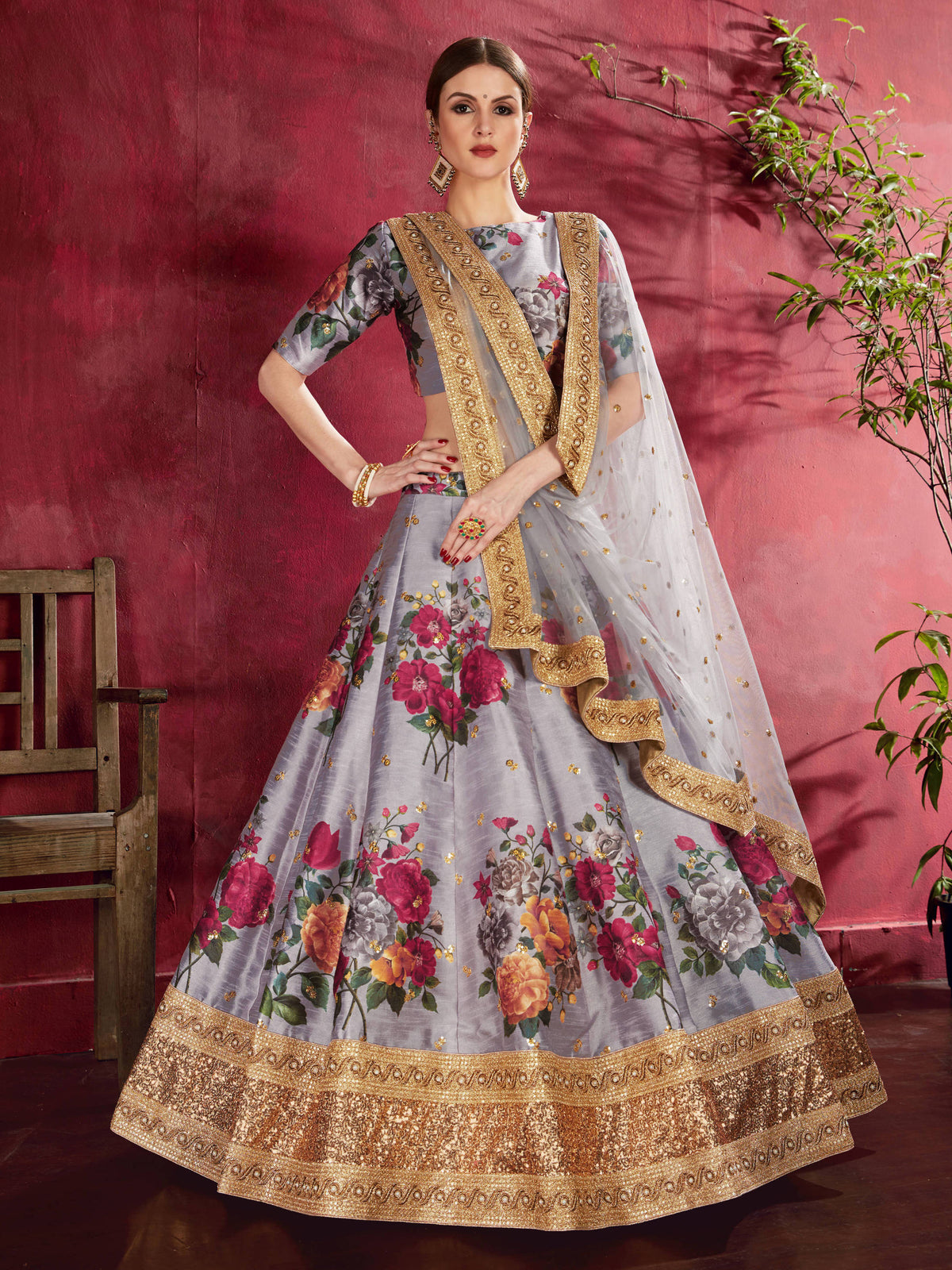 Impressive Grey Floral Printed Banglory Silk Wedding Lehenga Choli With Dupatta ClothsVilla Main image