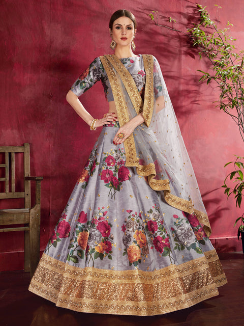 Impressive Grey Floral Printed Banglory Silk Wedding Lehenga Choli With Dupatta ClothsVilla Main image