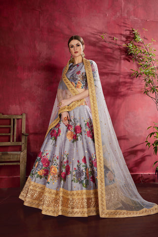 Impressive Grey Floral Printed Banglory Silk Wedding Lehenga Choli With Dupatta ClothsVilla