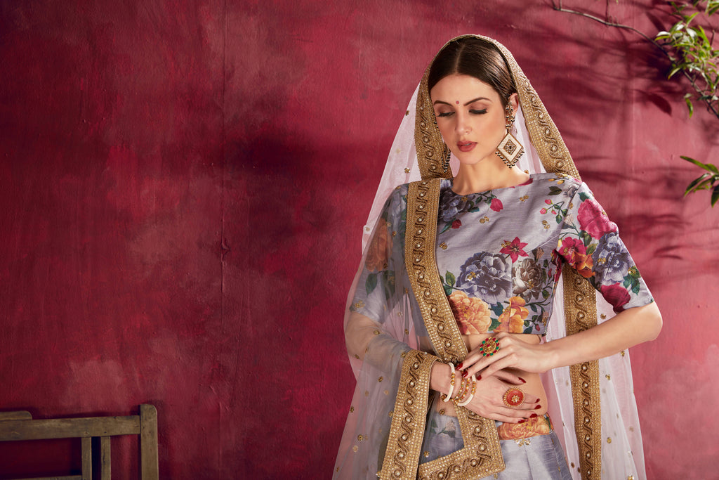 Impressive Grey Floral Printed Banglory Silk Wedding Lehenga Choli With Dupatta ClothsVilla