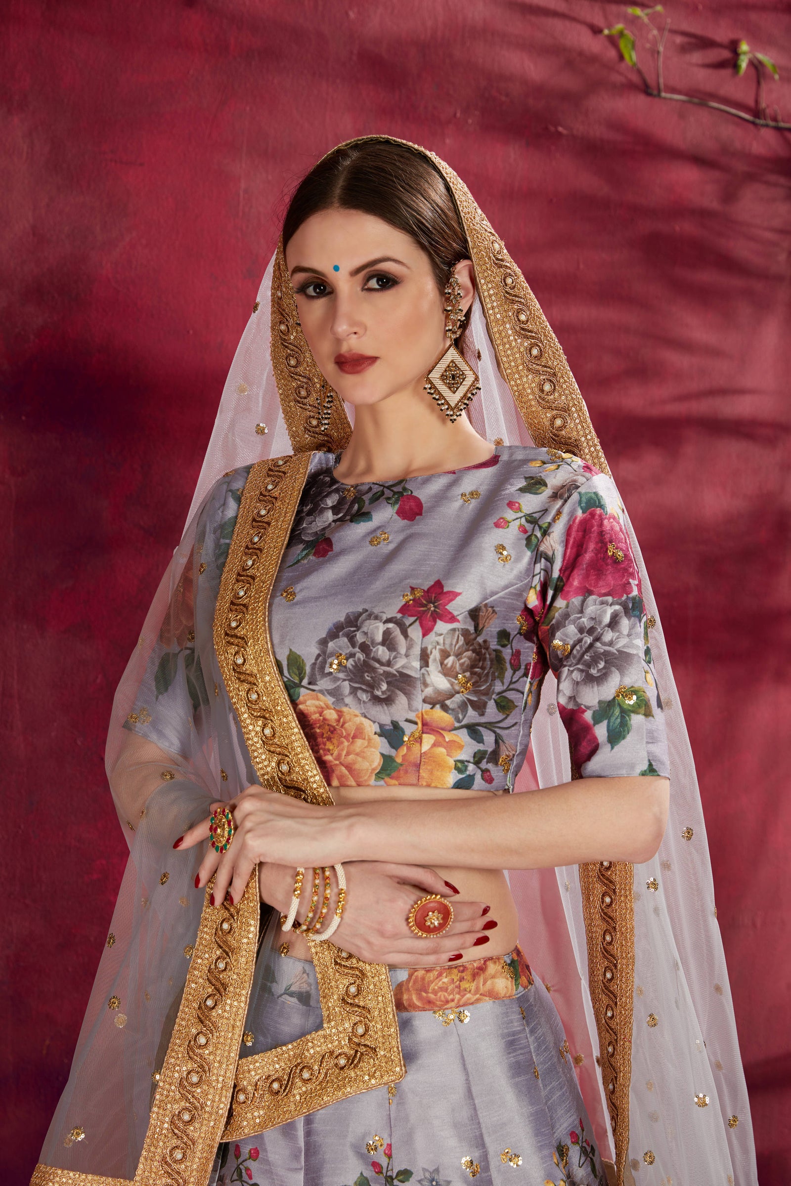Impressive Grey Floral Printed Banglory Silk Wedding Lehenga Choli With Dupatta ClothsVilla