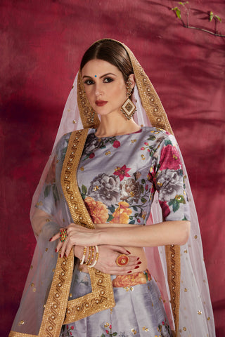 Impressive Grey Floral Printed Banglory Silk Wedding Lehenga Choli With Dupatta ClothsVilla