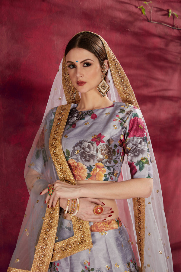 Impressive Grey Floral Printed Banglory Silk Wedding Lehenga Choli With Dupatta ClothsVilla