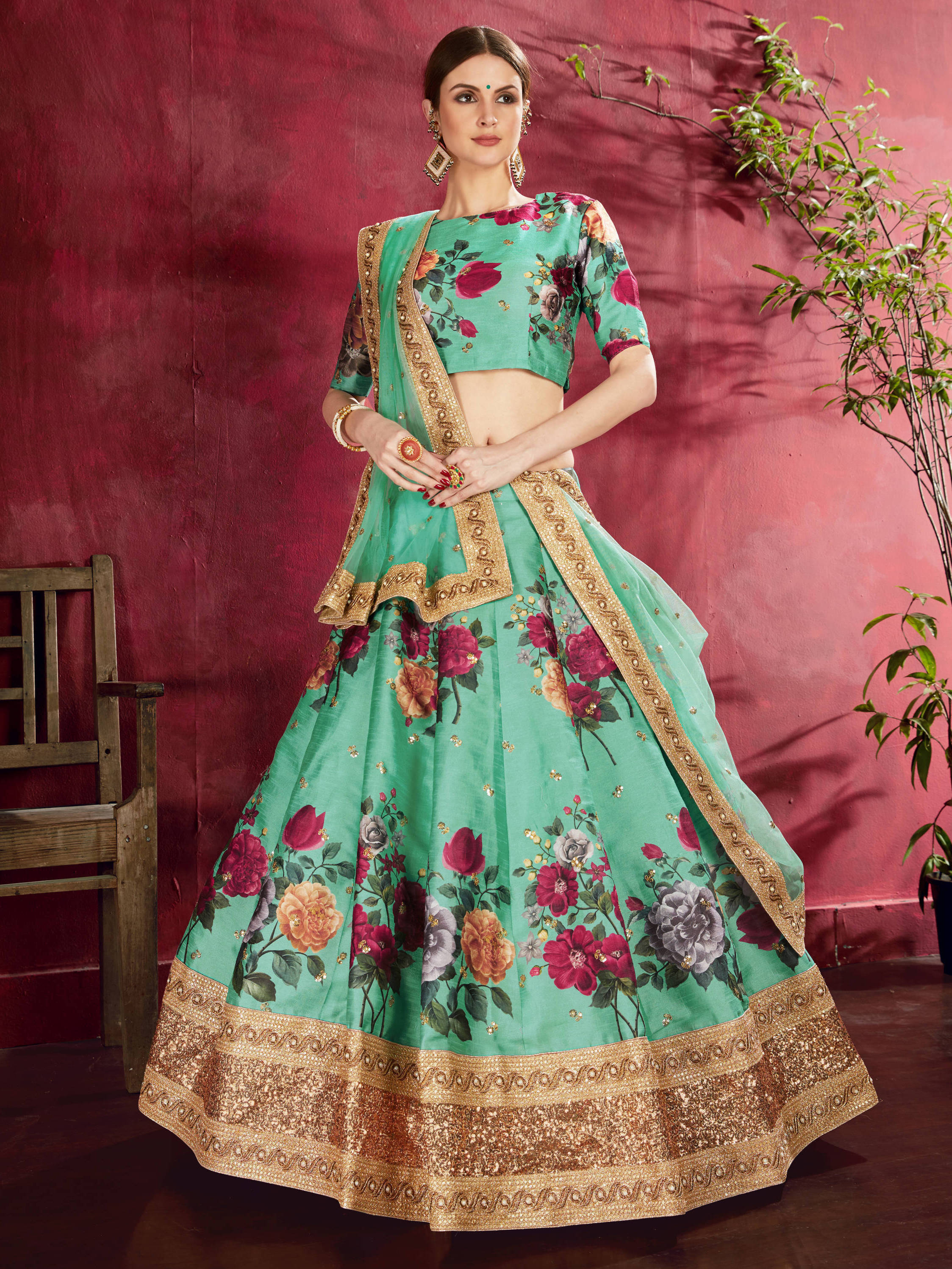 Desiring Green Floral Printed Banglory Silk Wedding Lehenga Choli With Dupatta ClothsVilla Main image
