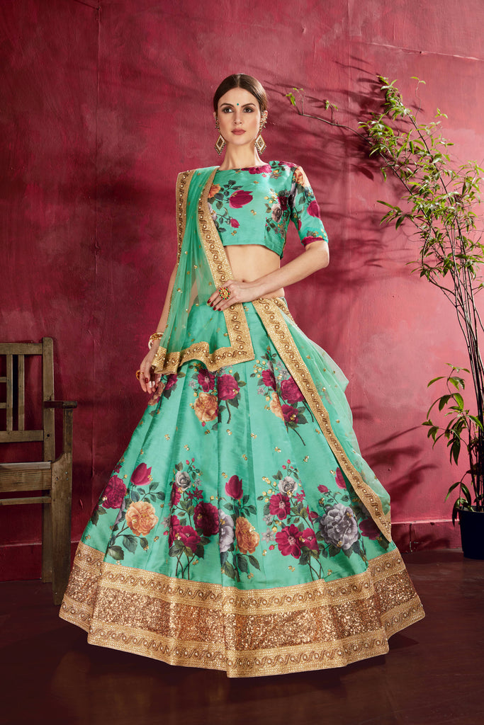 Desiring Green Floral Printed Banglory Silk Wedding Lehenga Choli With Dupatta ClothsVilla