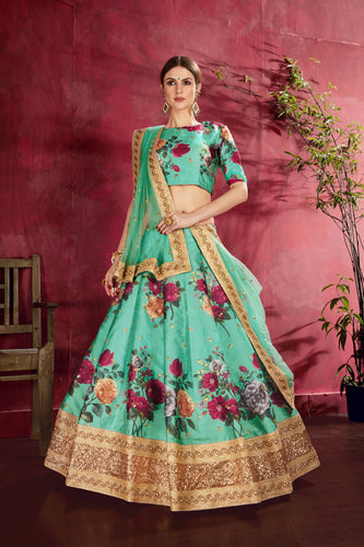 Desiring Green Floral Printed Banglory Silk Wedding Lehenga Choli With Dupatta ClothsVilla