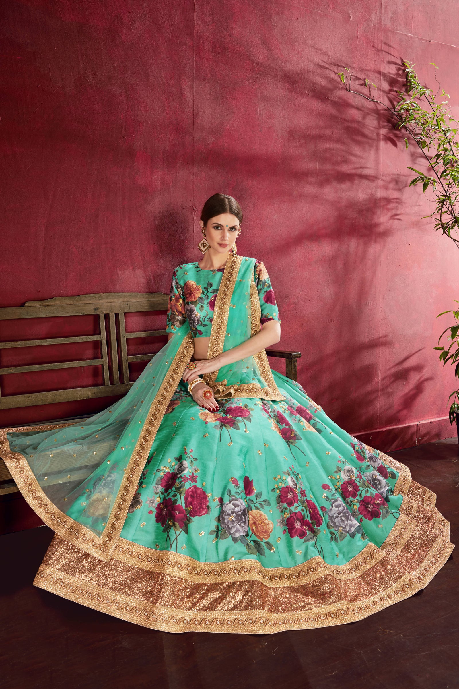 Desiring Green Floral Printed Banglory Silk Wedding Lehenga Choli With Dupatta ClothsVilla