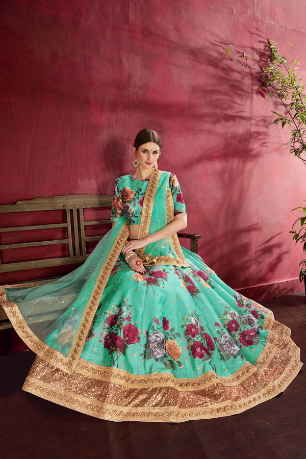 Desiring Green Floral Printed Banglory Silk Wedding Lehenga Choli With Dupatta ClothsVilla