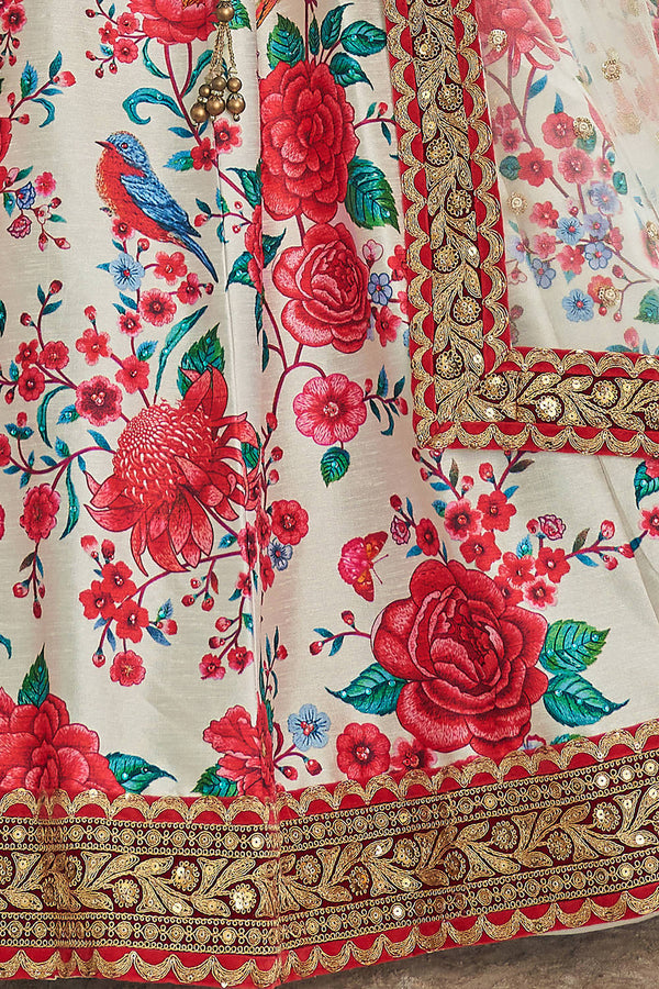 Ravishing White Floral Printed Art Silk Lehenga Choli With Dupatta ClothsVilla