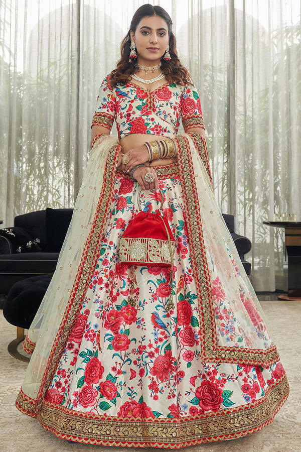 Ravishing White Floral Printed Art Silk Lehenga Choli With Dupatta ClothsVilla