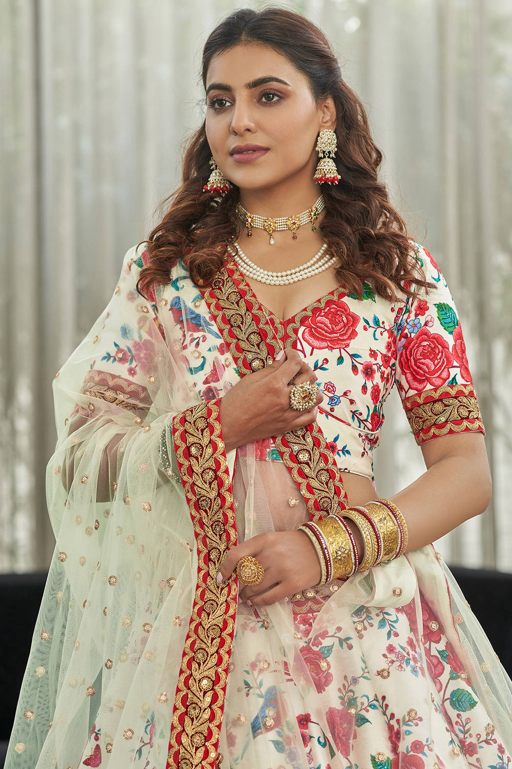 Ravishing White Floral Printed Art Silk Lehenga Choli With Dupatta ClothsVilla