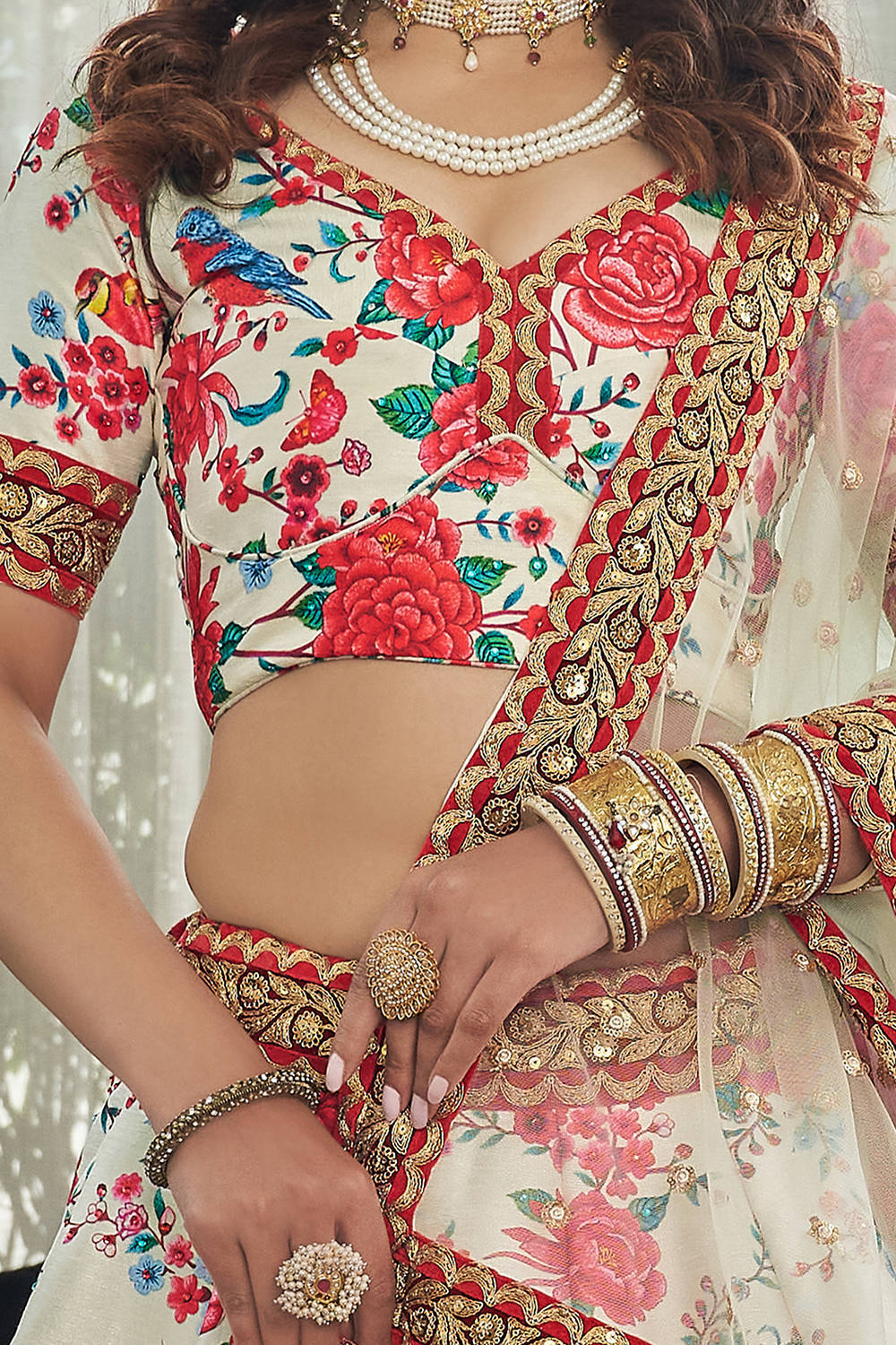 Ravishing White Floral Printed Art Silk Lehenga Choli With Dupatta ClothsVilla
