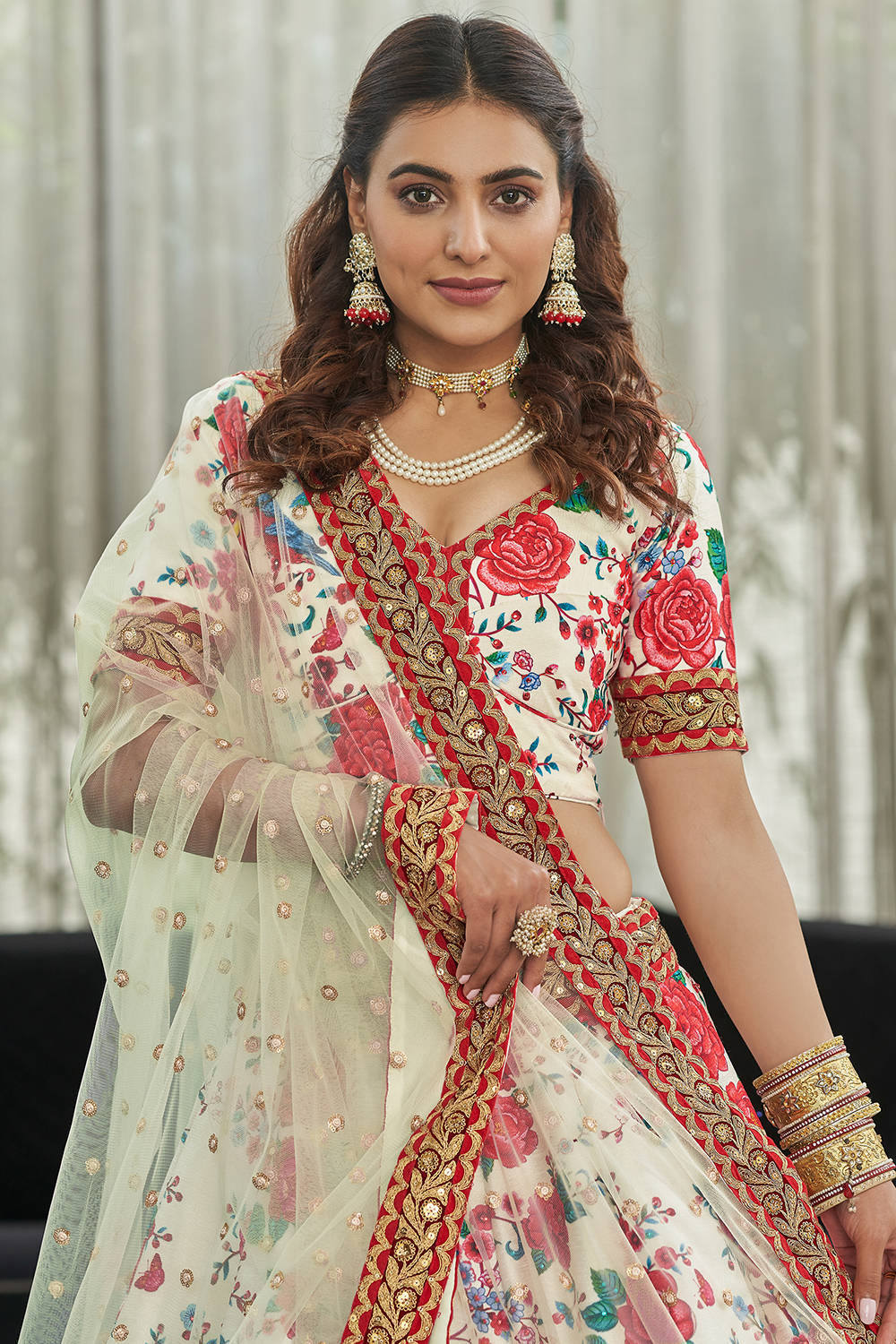 Ravishing White Floral Printed Art Silk Lehenga Choli With Dupatta ClothsVilla