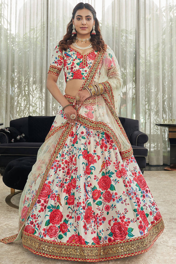 Ravishing White Floral Printed Art Silk Lehenga Choli With Dupatta ClothsVilla